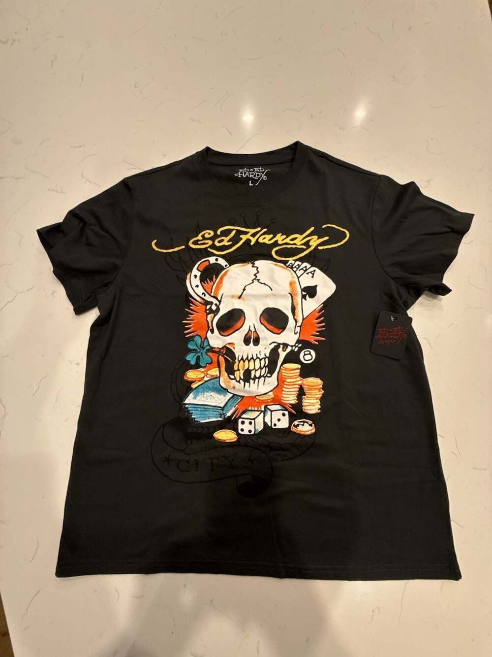 Ed Hardy Ace Skull Throwback Graphic Tee Black Size Large